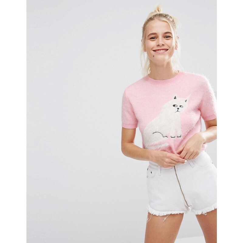 Lazy Oaf - Fluffy Kitty - Gestricktes T-Shirt mit flauschigem Design - Rosa