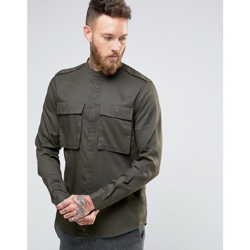 ASOS Regular Fit Military Shirt In Drape Fabric With Grandad Collar In Khaki - Grün
