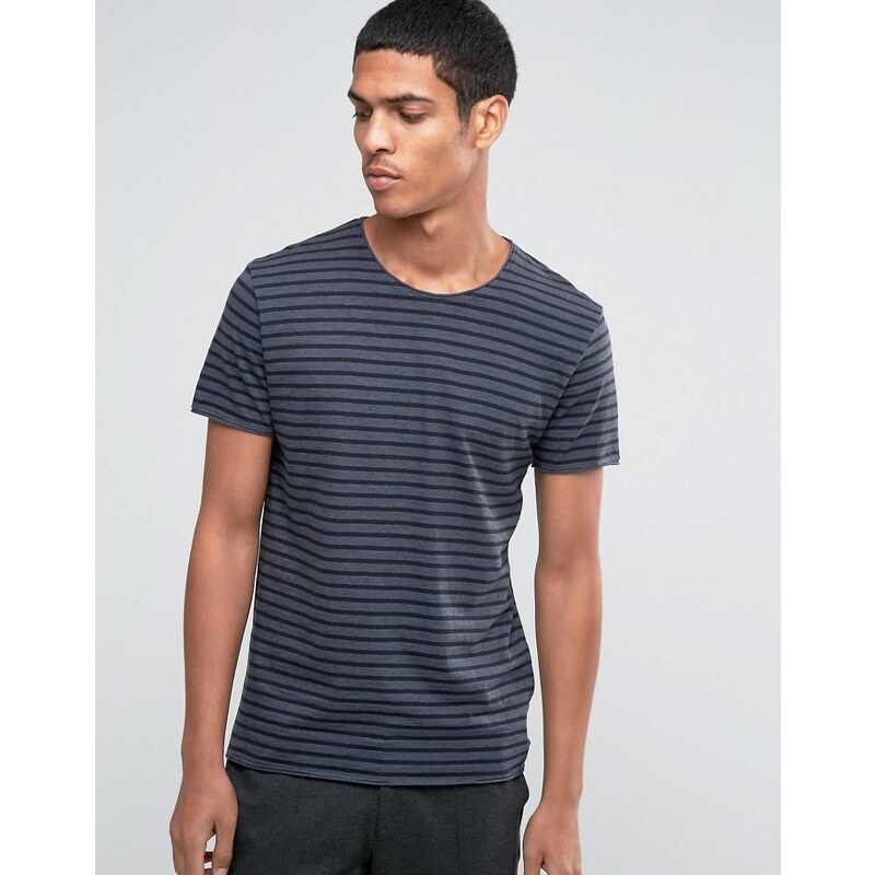 Selected Homme - T-Shirt mit Streifen und abgeschnittenem Rand - Blau