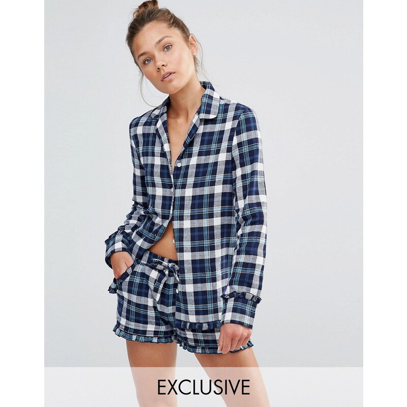 Chelsea Peers - Schlafanzugset mit Hemd und Shorts mit Karomuster - Blau