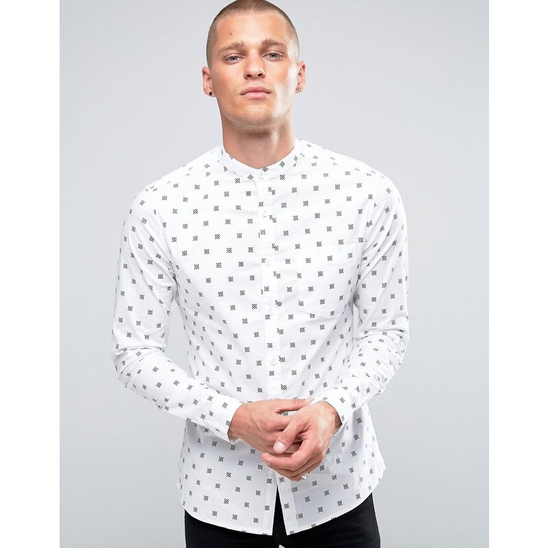 ASOS Skinny Shirt With Grandad Collar & Checkerboard Print - Weiß