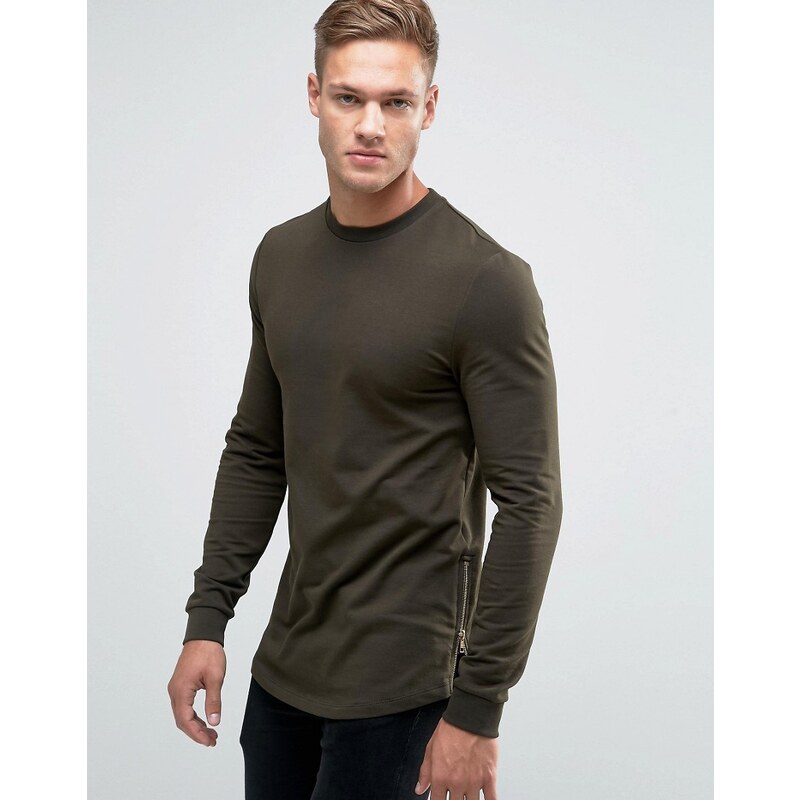 ASOS - Langes Sweatshirt in Muskelform mit Seitenreißverschluss in Khaki - Grün