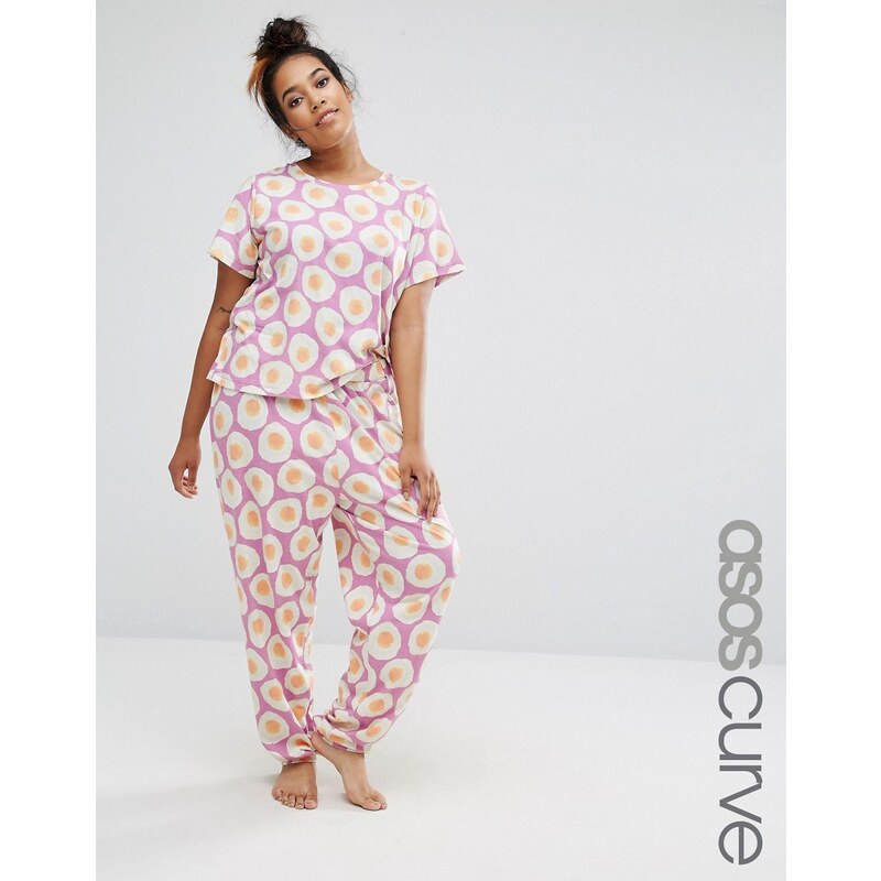 ASOS CURVE - Pyjama-Set aus T-Shirt und Leggings mit fotografischem Ei-Motiv - Rosa