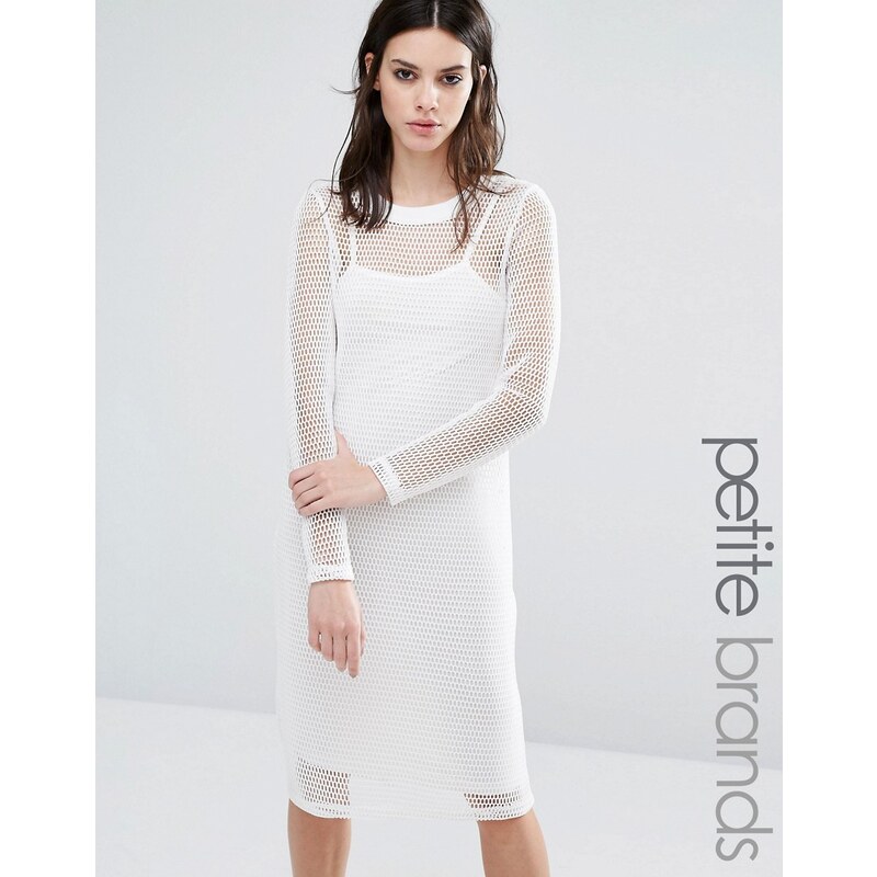 Noisy May Petite - Kicks Back - Figurbetontes Kleid aus Netzstoff mit langen Ärmeln und Gitterdesign - Weiß