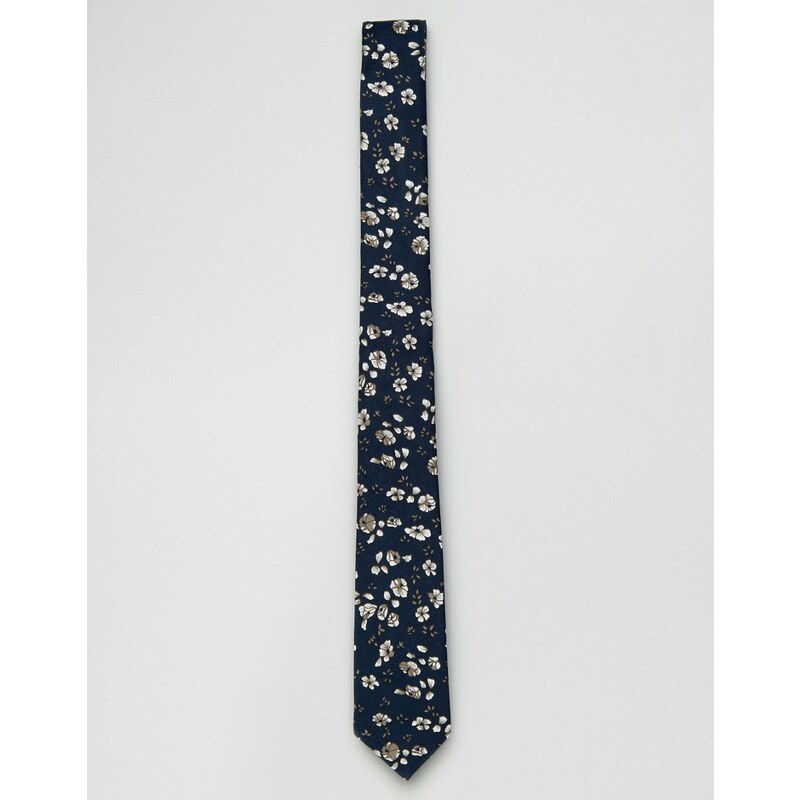 ASOS - Schmale Krawatte mit Blumenmuster in Marineblau - Marineblau