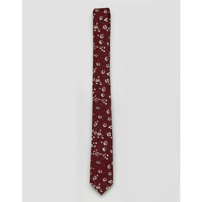 ASOS - Schmale Krawatte mit burgunderrotem Blumenmuster - Rot