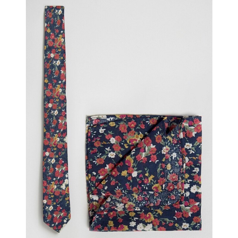 ASOS - Krawatte und Einstecktuch im Set mit Blumen-Print - Blau