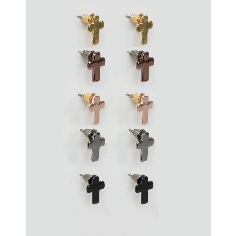 DesignB London - 5er Pack Ohrringe mit Kreuz - Mehrfarbig