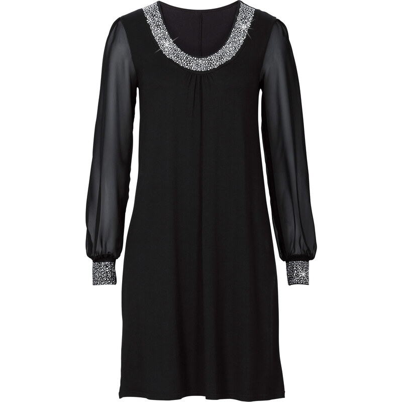 BODYFLIRT Kleid mit Zierstein-Applikation langarm in schwarz von bonprix