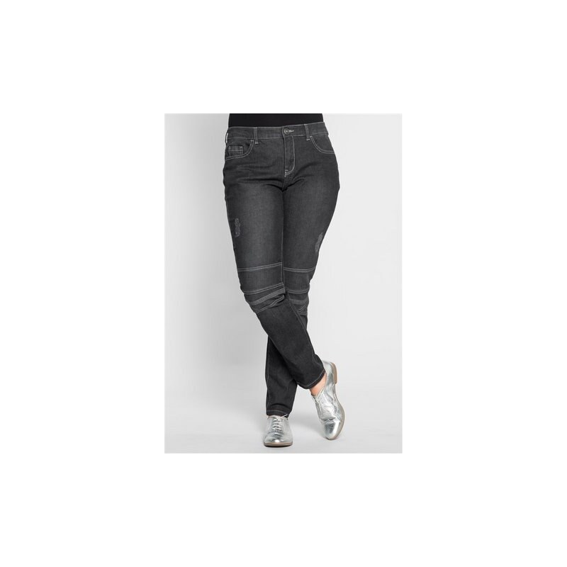 SHEEGO DENIM Damen Denim Schmale Stretch-Jeans „Kira” im Used-Look schwarz 40,42,44,46,48,50,52,54,56,58
