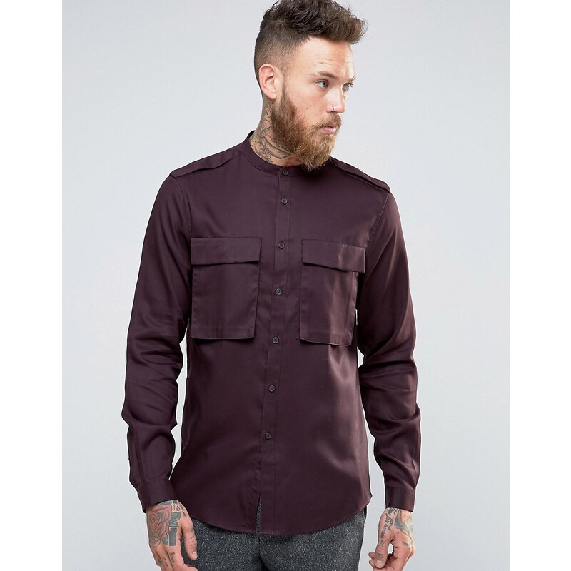 ASOS - Drapiertes Military-Hemd mit Grandad-Kragen in regulärer Passform - Violett