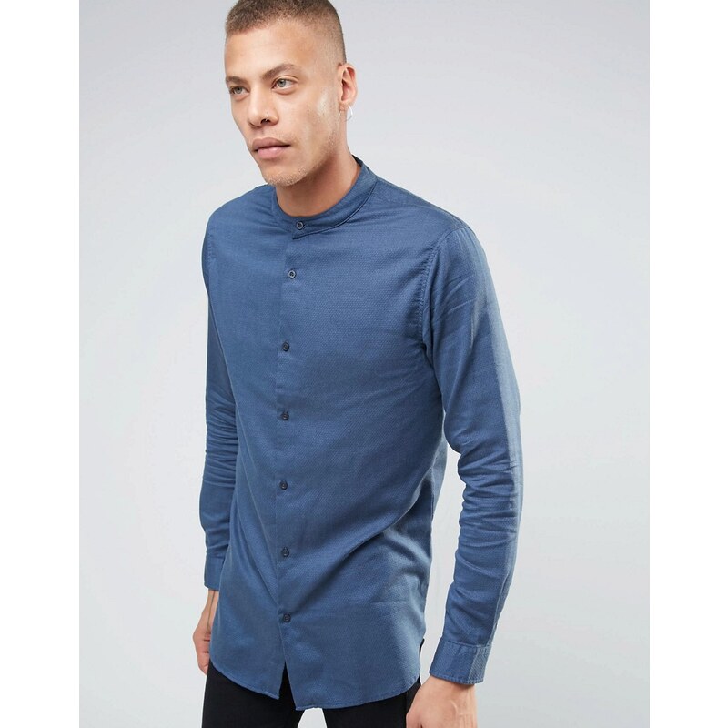 ADPT - Lang geschnittenes Hemd mit Grandadkragen - Marineblau