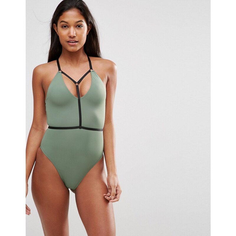 ASOS - Elastic Harness - Badeanzug mit tiefem Ausschnitt und Kontrast - Grün