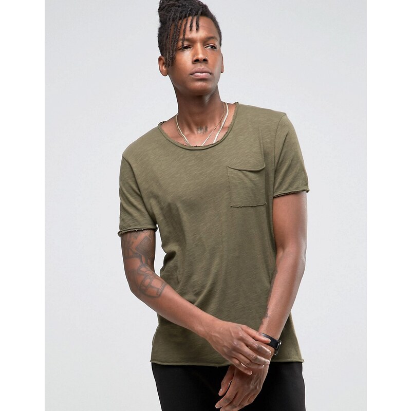 Selected Homme - Langes T-Shirt mit ungesäumten Kanten - Grün