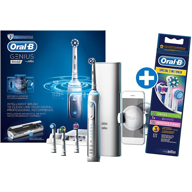 Oral-B Elektrische Zahnbürste Genius 9000 White, inklusive Aufsteckbürsten 'Multi Pack 3in1'