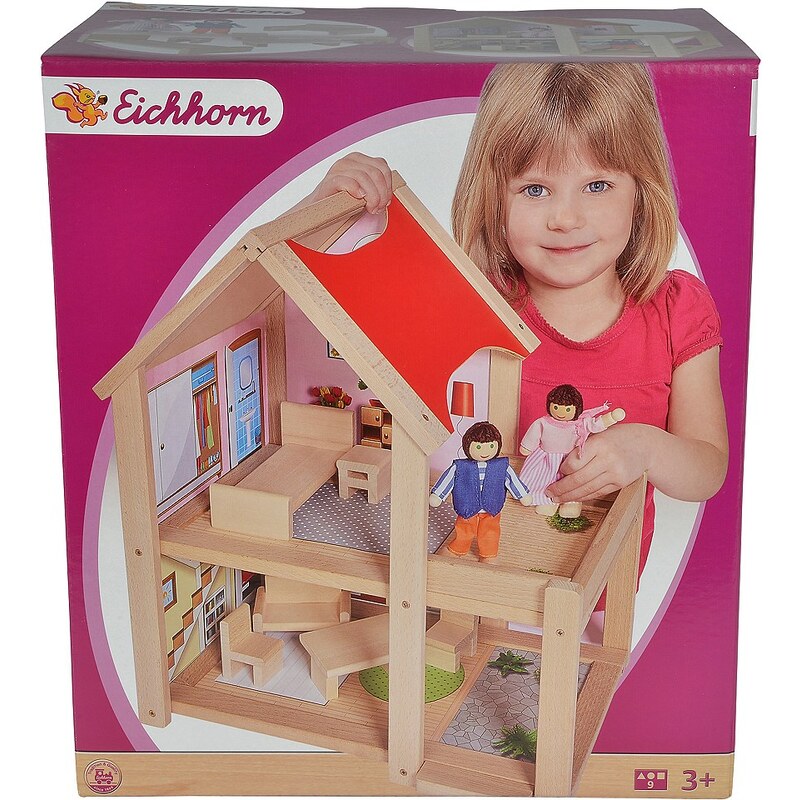 Eichhorn Holzhaus mit Einrichtung und Spielfiguren, »Puppenhaus, 9tlg.«