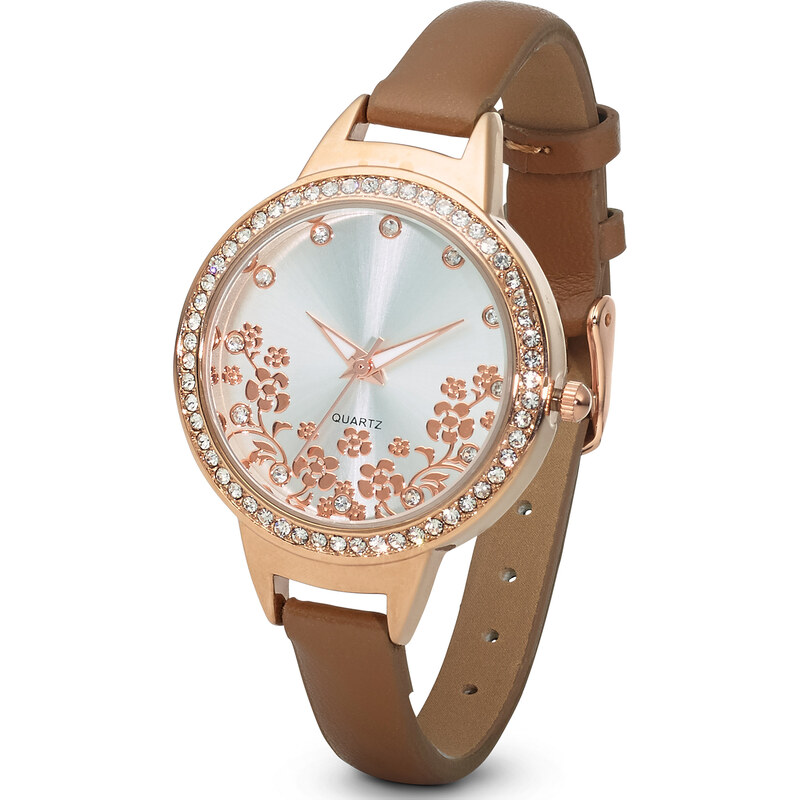 bpc bonprix collection Armbanduhr mit Blumenmotiv und Strass-Steinen in gold für Damen von bonprix