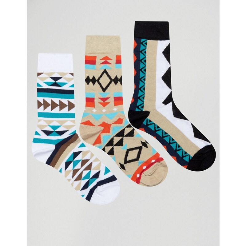 ASOS - 3er Pack Socken mit Azteken-Design - Mehrfarbig