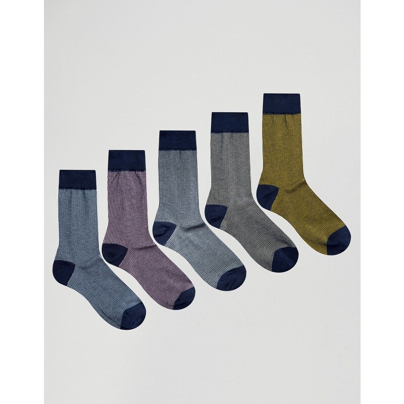 ASOS - Socken mit buntem Rippbündchen im 5-Pack - Marineblau