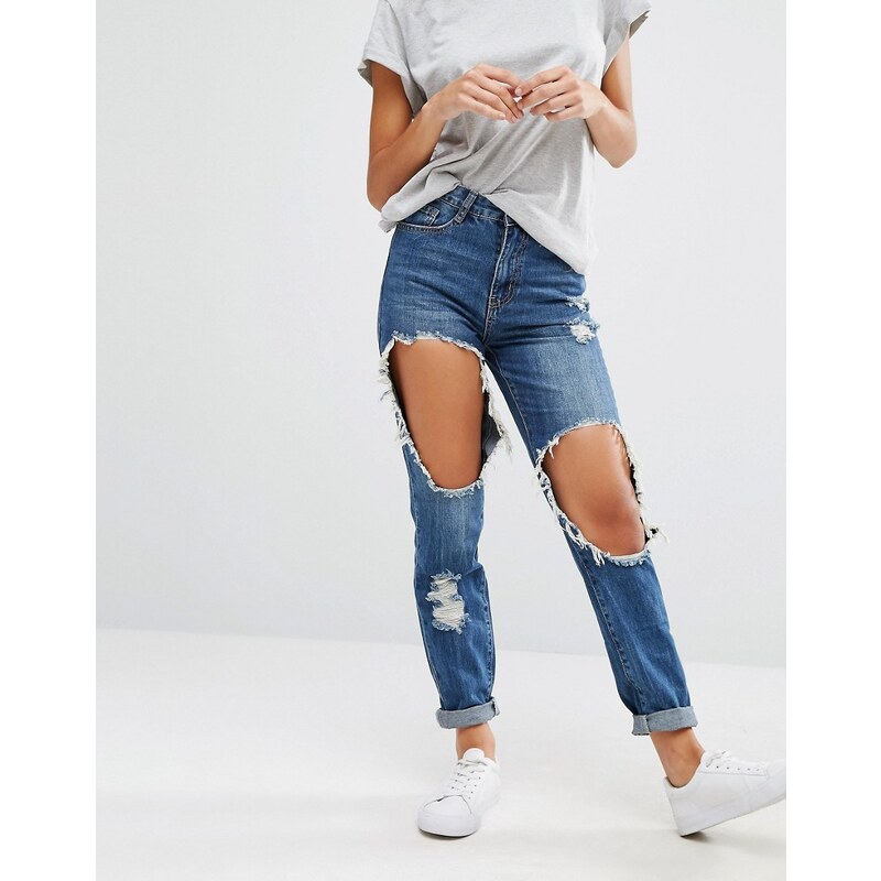 Missguided Riot - Mom-Jeans mit hohem Bund in Used-Optik - Blau