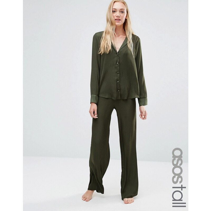 ASOS Tall - Newton - Pyjama-Set aus Jacquard-Satin mit Punkten und weitem Bein - Grün