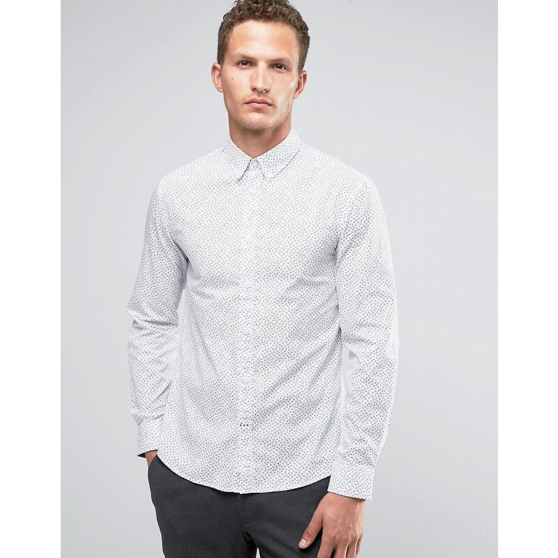 Celio - Langärmeliges, schmal geschnittenes Hemd mit durchgehendem Blümchenmuster - Weiß