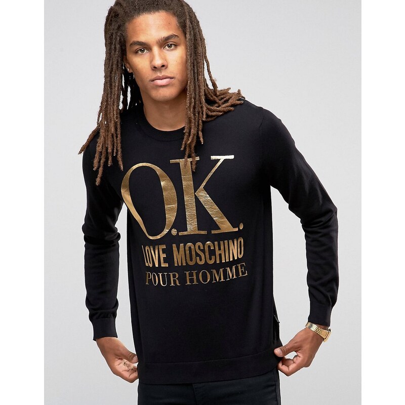 Love Moschino - Pullover mit goldenem Logo - Schwarz