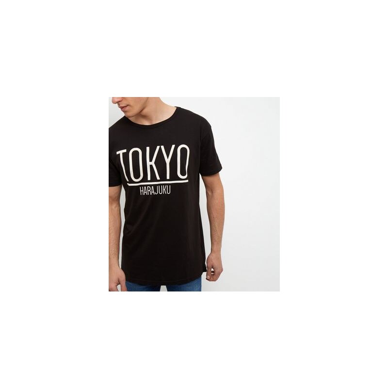 New Look Schwarzes, lang geschnittenes T-Shirt mit „Tokyo“-Druck