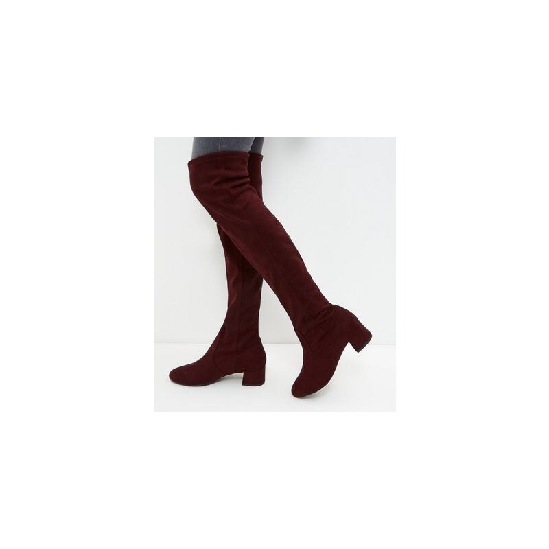 New Look Rote Wildlederimitat-Overknee-Stiefel mit Blockabsatz, weite Passform