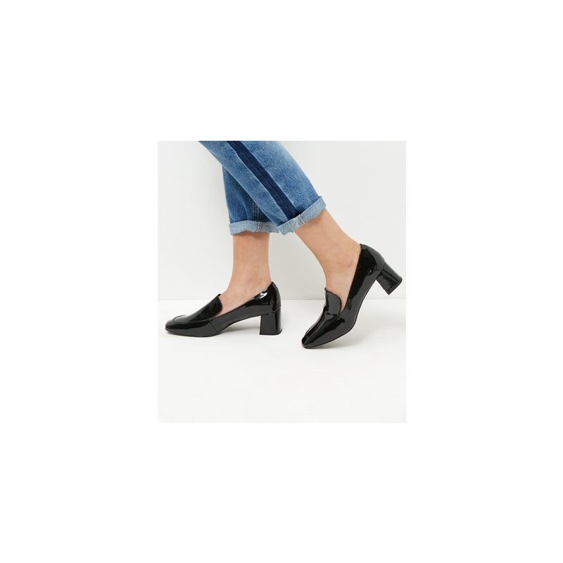 New Look Schwarze Wide Fit Lack-Loafers mit Blockabsatz