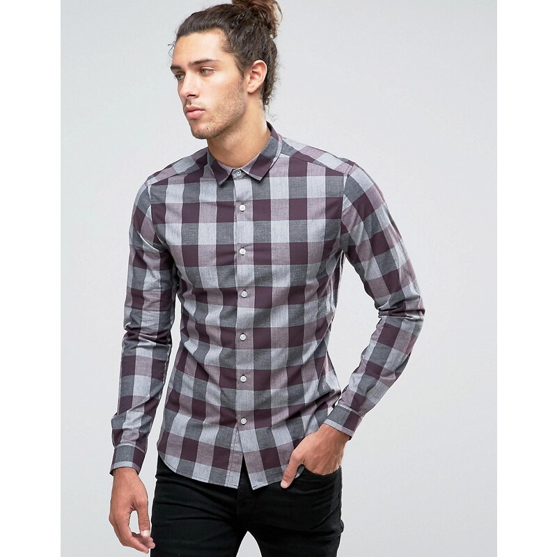ASOS Skinny Buffalo Check Shirt With Marl Effect In Burgundy - Rot