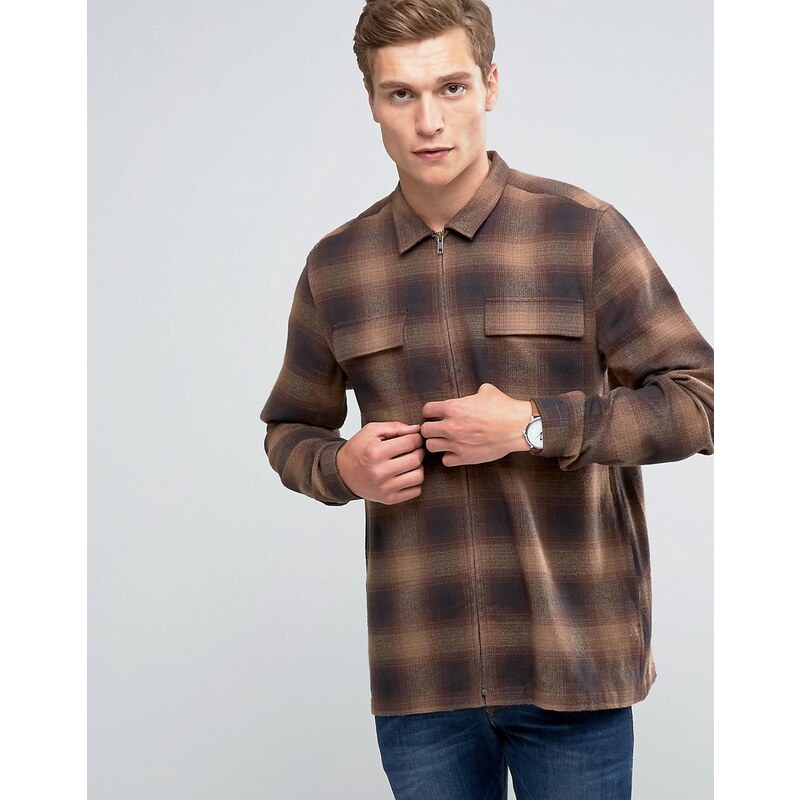 ASOS Overshirt In Shadow Check With Zip Front - Braun