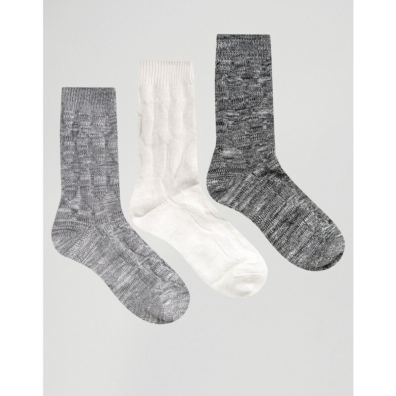 ASOS - Socken mit Zopfmuster in Schwarz-weiß im 3er-Set - Mehrfarbig