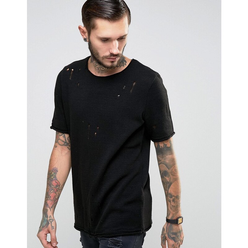 ASOS - Strick-T-Shirt mit Laufmaschendesign - Schwarz