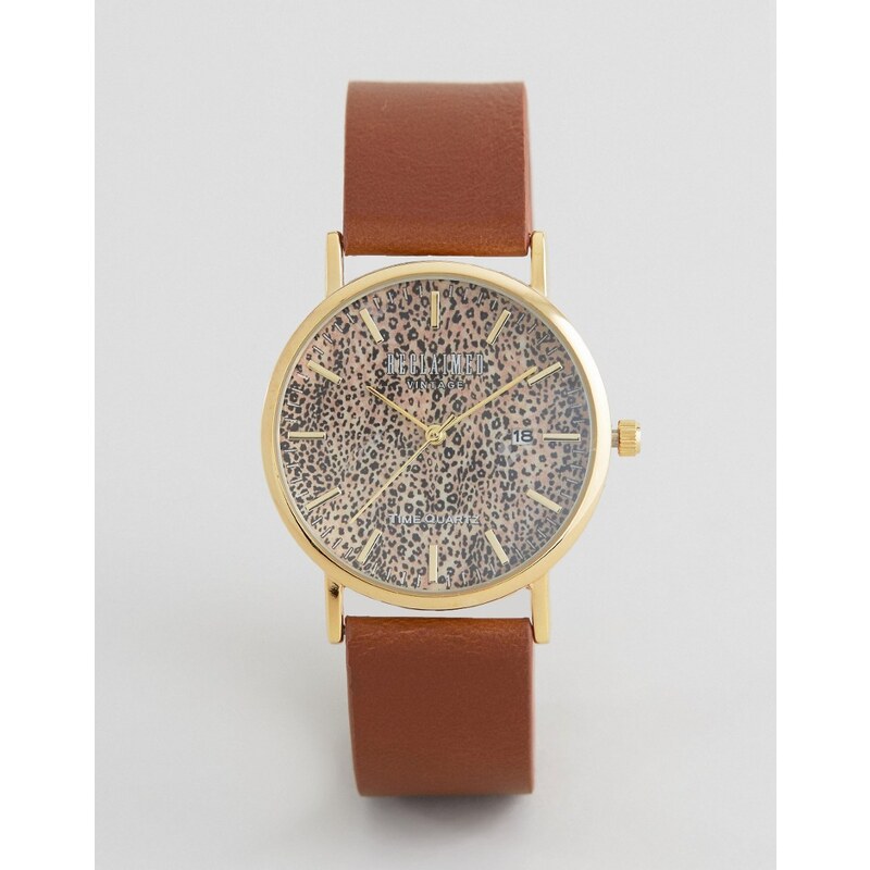 Reclaimed Vintage - Uhr mit braunem Lederarmband und Leopardenprint - Braun