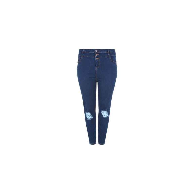 New Look Curves – Blaue Skinny Jeans mit hohem Bund und Rissen am Knie