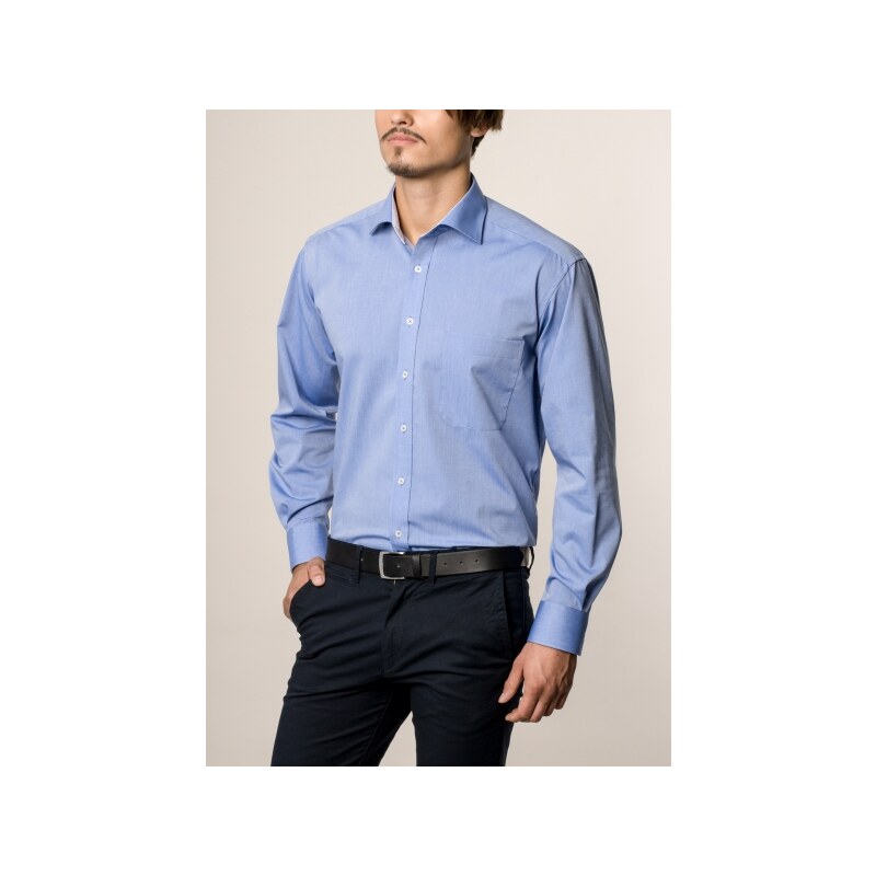 ETERNA COMFORT FIT Langarmhemd Jeansblau mit Tupfen Patch