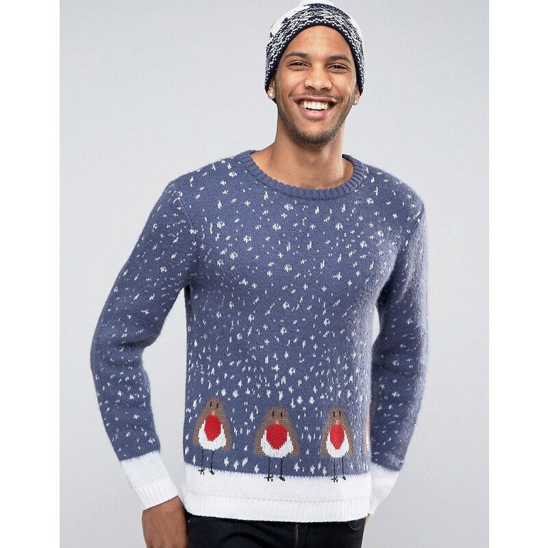 ASOS - Weihnachtlicher Pullover aus flauschigem Garn mit Rotkehlchen - Blau