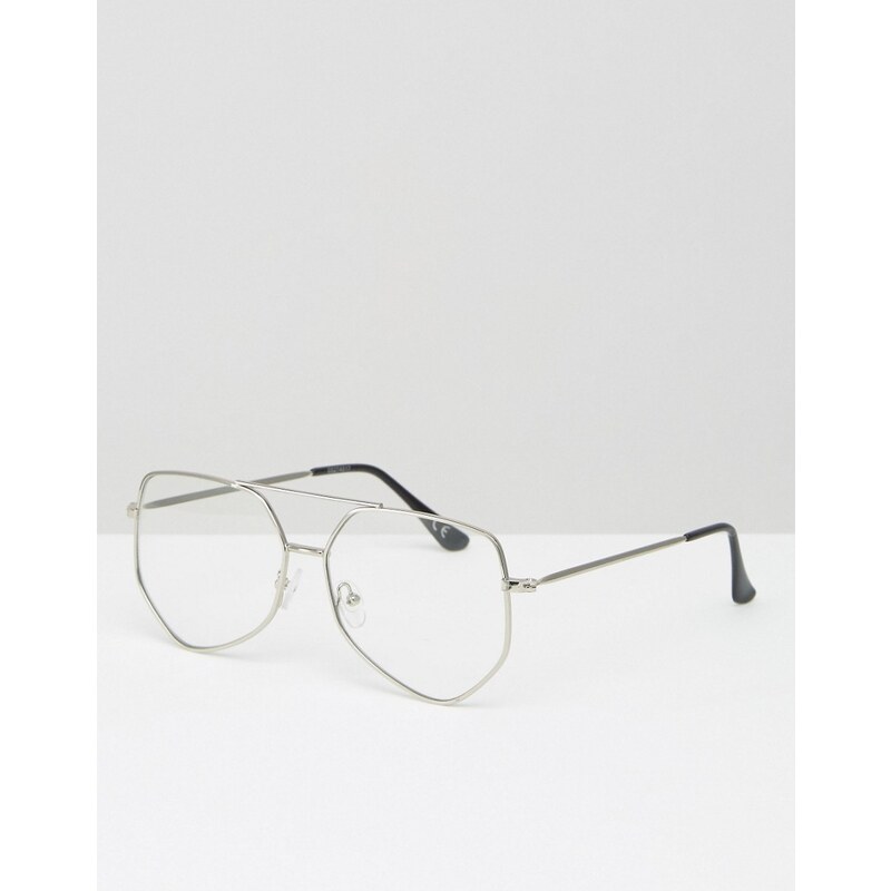 ASOS - Eckige Geeky-Pilotenbrille mit transparenten Gläsern - Silber