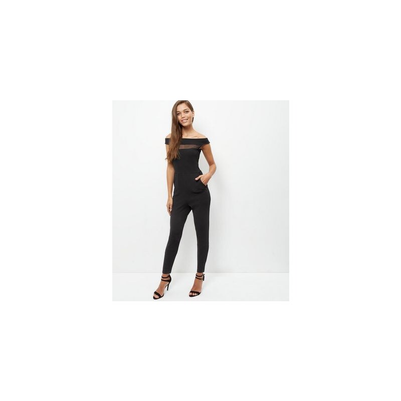 New Look Cameo Rose – Schwarzer Jumpsuit mit Bardot-Ausschnitt und Netzstoffeinsatz