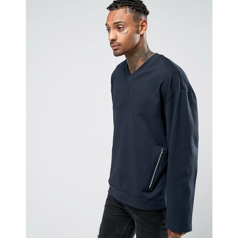 ASOS - Oversize-Sweatshirt mit V-Ausschnitt, Webeinsätzen und Reißverschlüssen - Marineblau