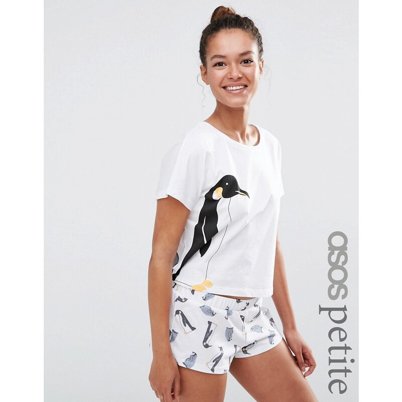 ASOS PETITE - Weihnachtliches Pyjama-Set mit Pinguin-T-Shirt & Shorts - Mehrfarbig