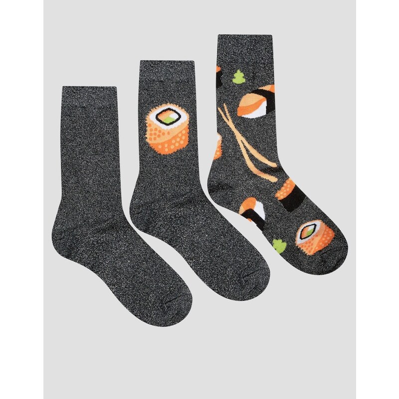 ASOS - Socken mit glitzerndem Sushi-Design im 3er-Set - Mehrfarbig