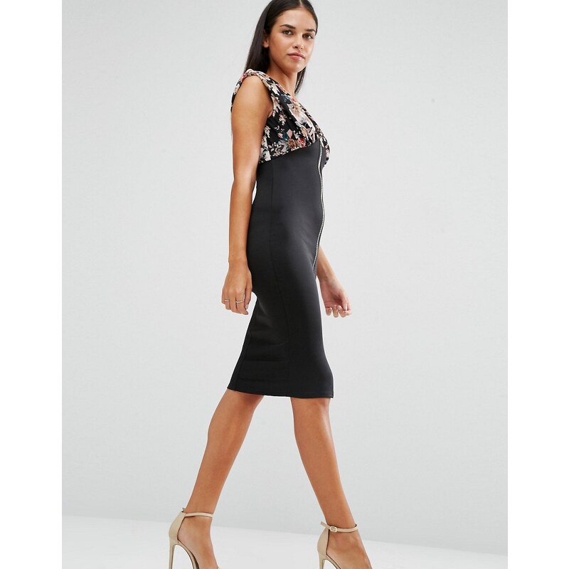 AX Paris - Kleid mit geblümtem Oberteil und Reißverschluss vorne - Schwarz