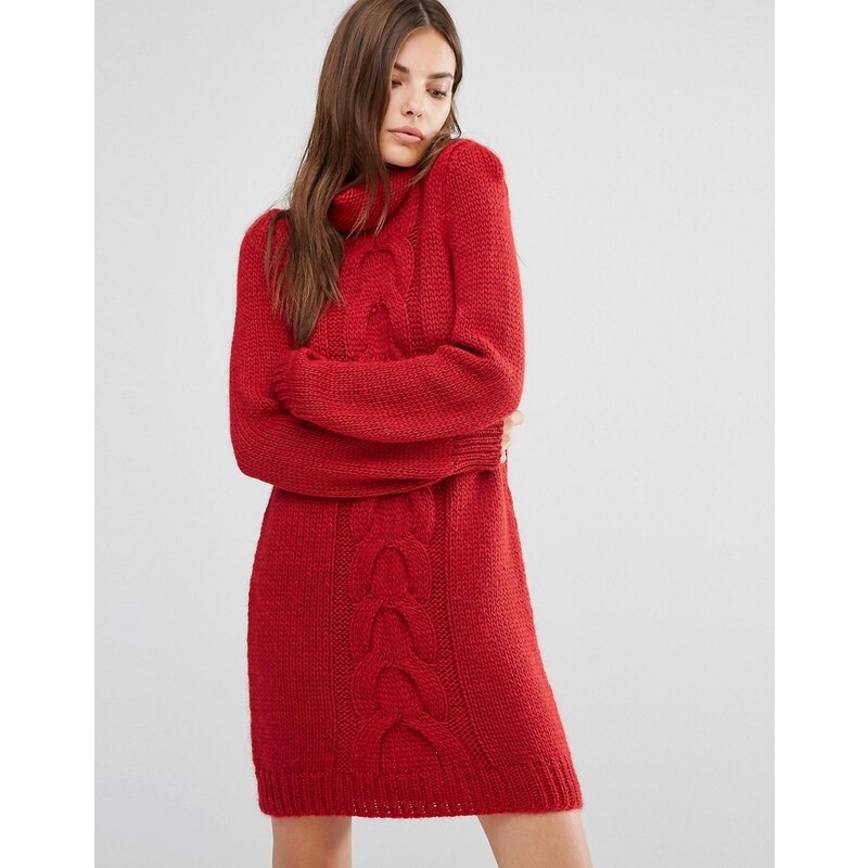 Oneon - Handgestricktes Pulloverkleid mit Zopfmuster - Rot
