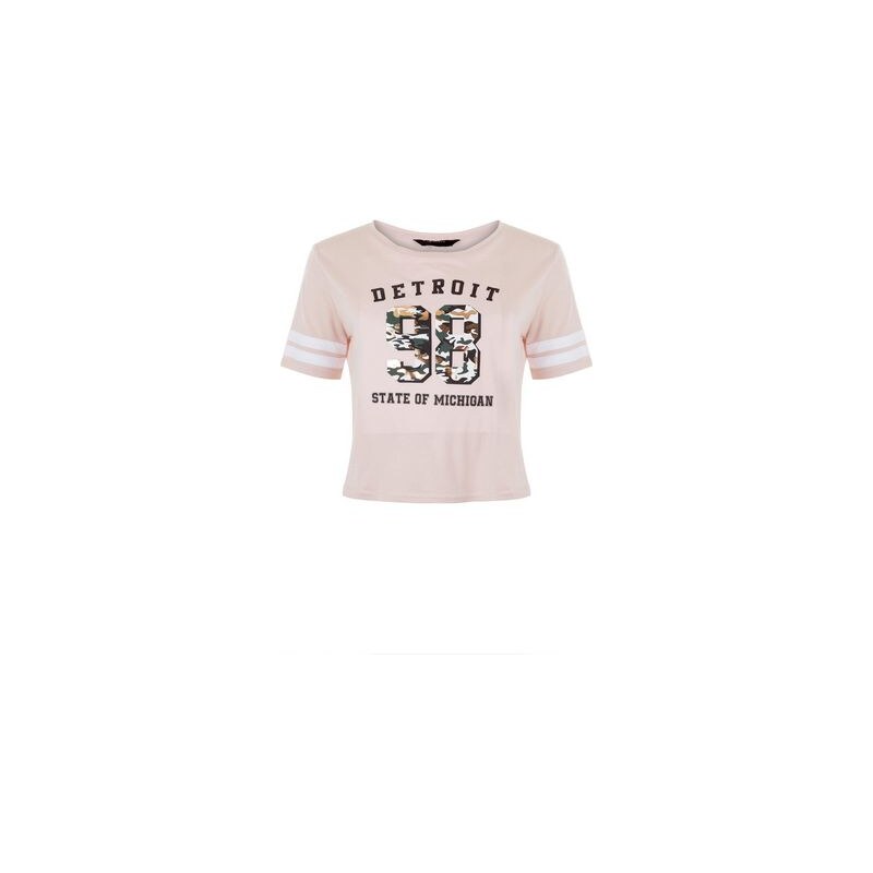 New Look Teenager – Rosa T-Shirt mit Kontrastärmeln und „98 Detroit“-Foliendruck