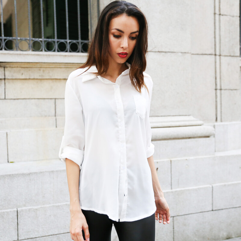 Lesara Klassische Bluse mit Umschlagärmeln - Weiß - M