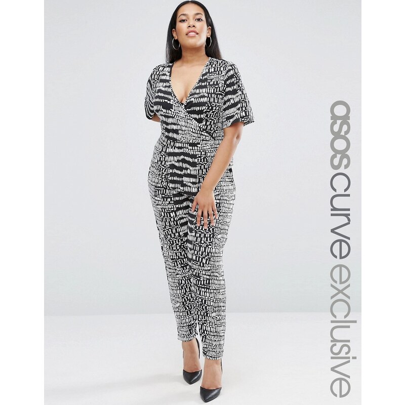 ASOS CURVE Wrap Jumpsuit In Mono Animal Print With Short Sleeve - Mehrfarbig