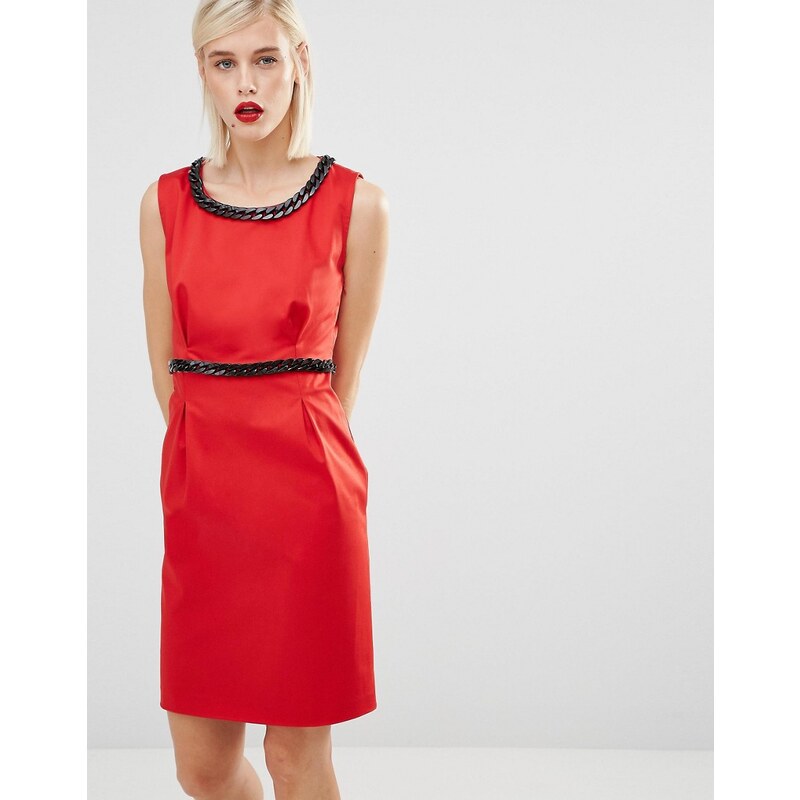 Love Moschino - Rotes Kleid mit schwarzen Zierketten - Rot