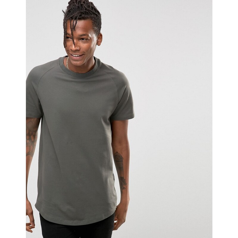 Selected - Langes Pikee-T-Shirt mit geschwungenem Saum - Grau